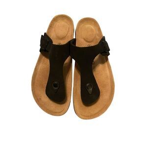 Oleyo Women's Black Genuine Leather Adjustable Buckle Cork Thong Sandals Size 42